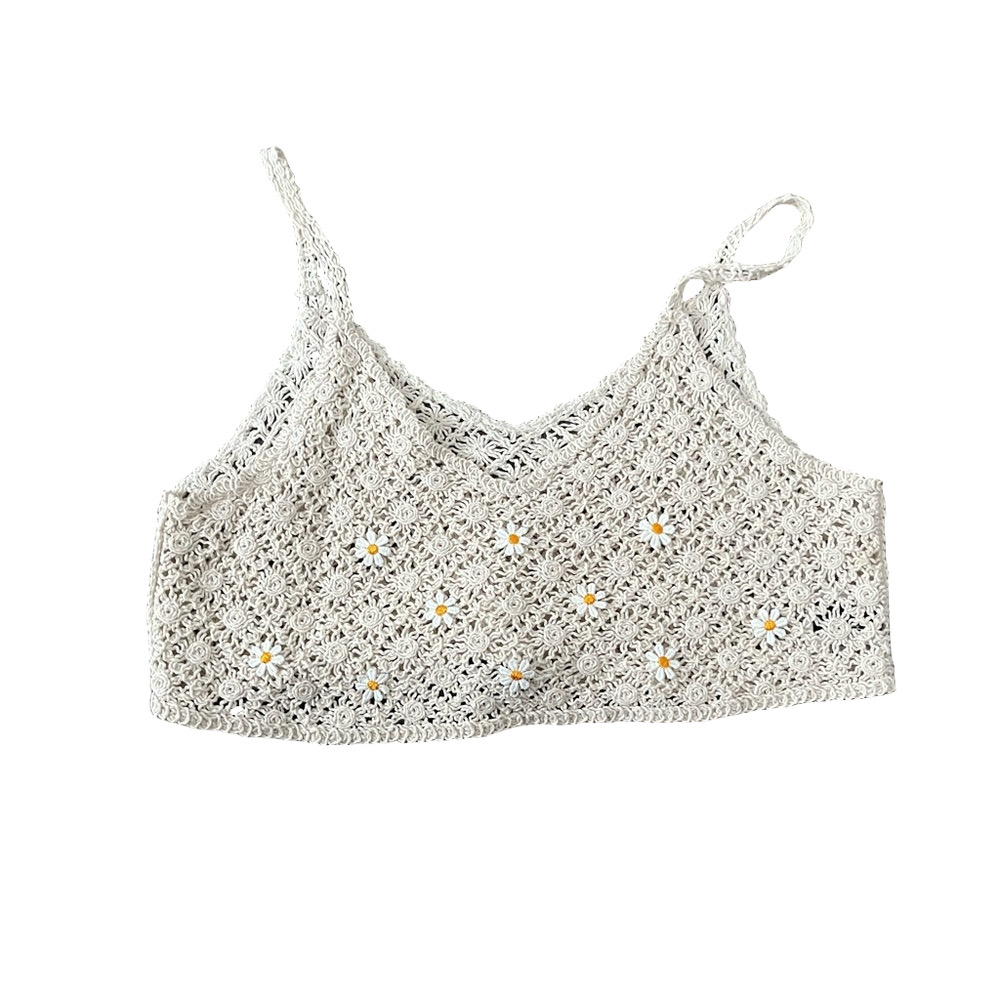 Cream Crochet Women’s Crop Top - Tank Top With Daisy Details Size: M
